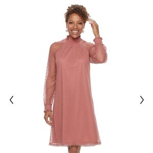 Nina Leonard Lace Mockneck L/S Trapeze Dress, Rouge, Medium, NWT